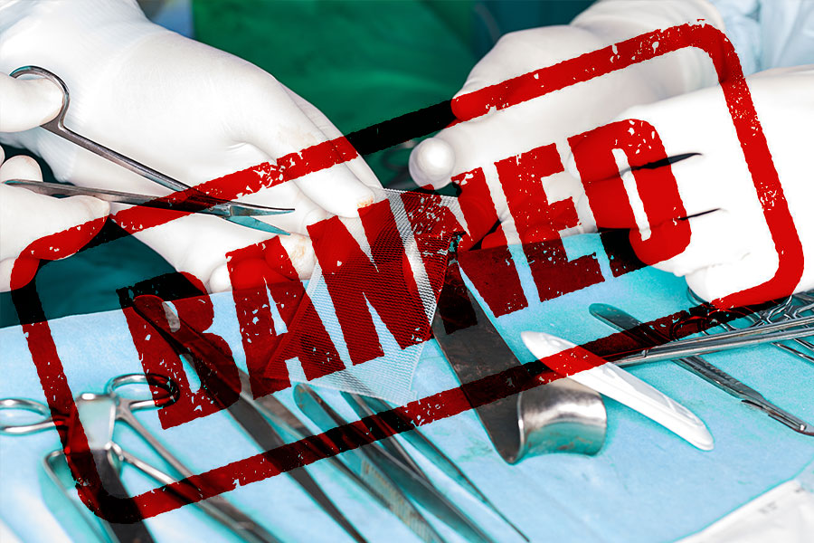 Doctor holding scalpel with "banned" text