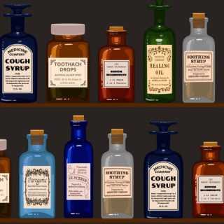 Old apothecary. Vintage bottles on wooden shelves.