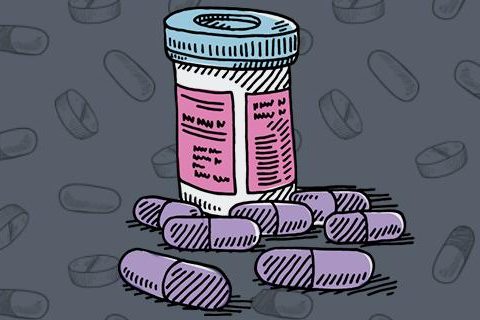 illustration of pills scattered around a prescription bottle