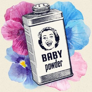 Illustration of baby powder container surrounded by vintage flowers
