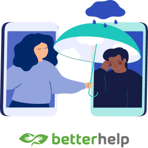 woman reaching out to support a man with depression, betterhelp logo underneath illustration