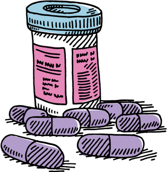 Illustration of prescription bottle with pills surrounding it